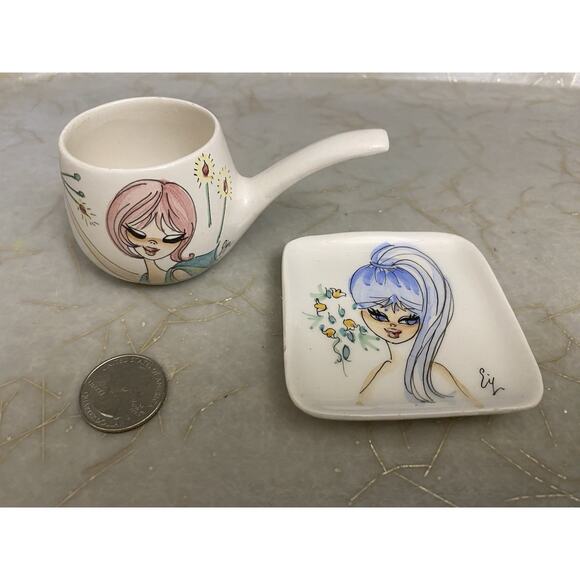 Miniature Midcentury Trinket Dishes Mod 60's Swinging Girl Handpainted Portraits - Picture 1 of 6